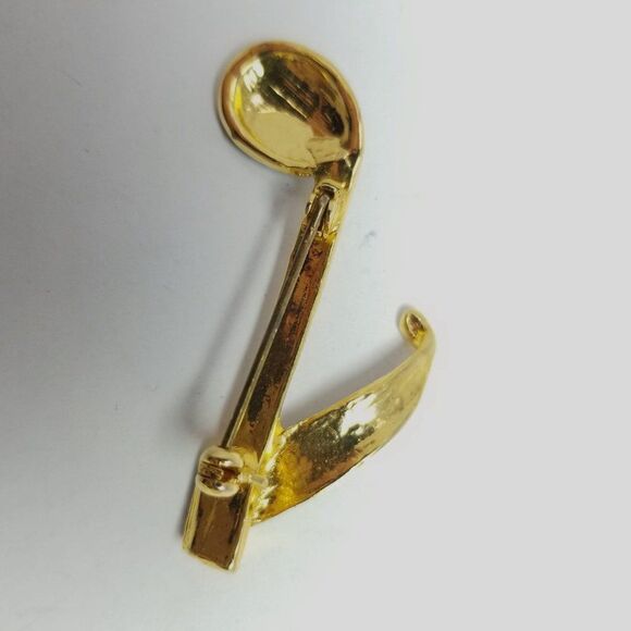 Vintage Eigth Note Shape Brooch, Black Enamel Rhinstone Gold Tone Setting Pin - Picture 3 of 6